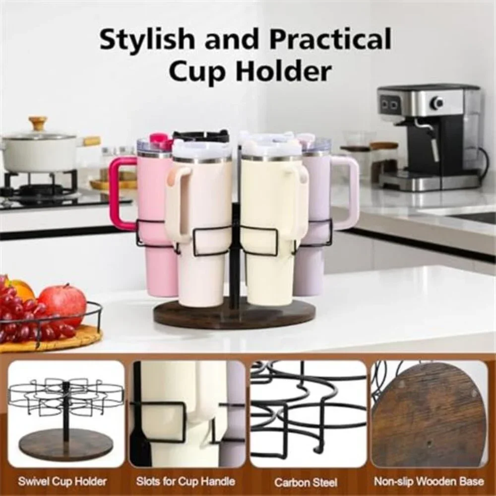 Rotating Tumbler Organizer 6 Cup Holder Stand 40oz Bottle Storage Rack